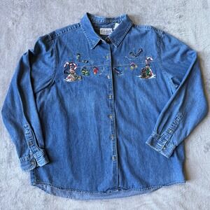 Basic Editions Holiday Denim Button Shirt Embroidered Christmas Teddy Bear L